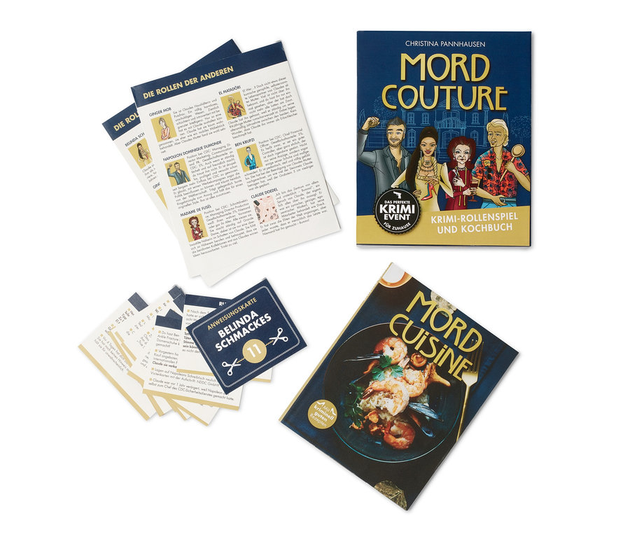 Auf dem Bild sind Spielmaterialien von Krimispiel »Mord Couture« zu sehen.