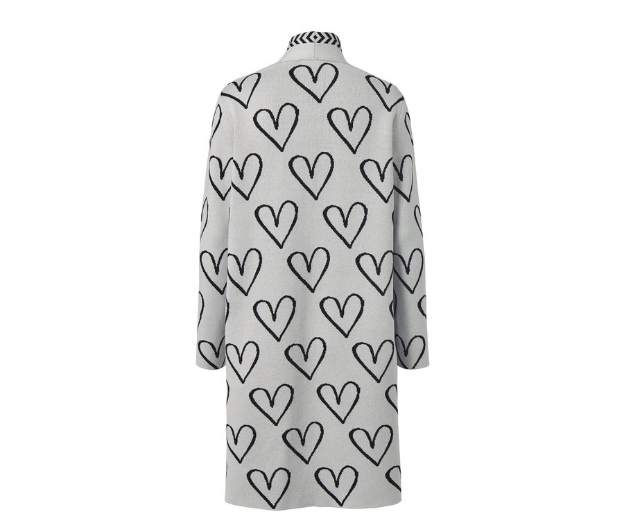 Graue offene Strickjacke mit schwarzen Herzen.