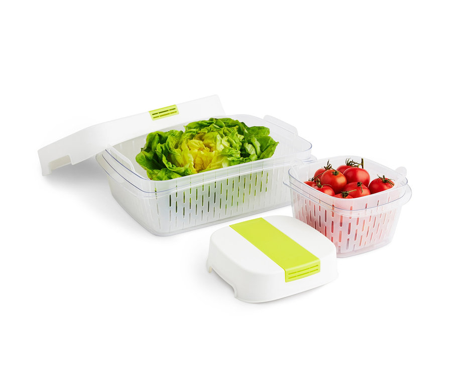 Grüner Salat in einem Rotho Klimabox-Set und Tomaten in einem kleineren Behälter.