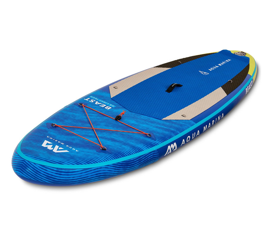 Blaues SUP-Board »Beast« mit orangefarbenen Bändern.