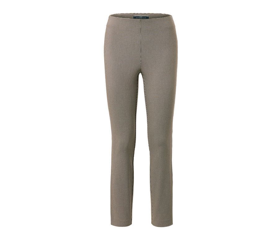 Eine Stretchhose mit Hahnentrittmuster, isoliert auf weißem Hintergrund.