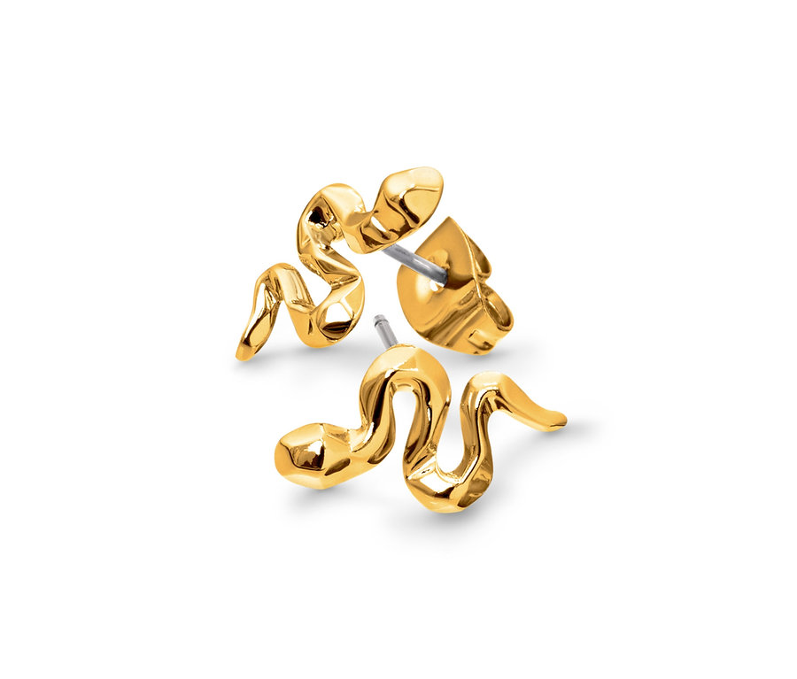 Zwei goldene Ohrstecker Schlange liegen auf einem weißen Hintergrund.