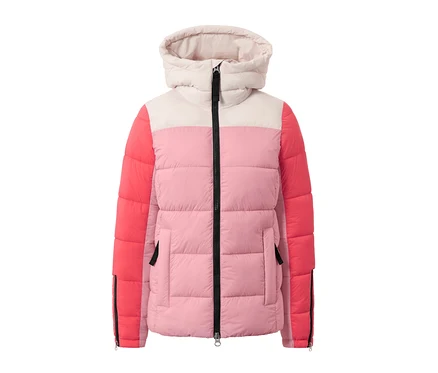 Ski-Steppjacke in Rosa-, Koralle- und Beigetönen mit schwarzem Reißverschluss.
