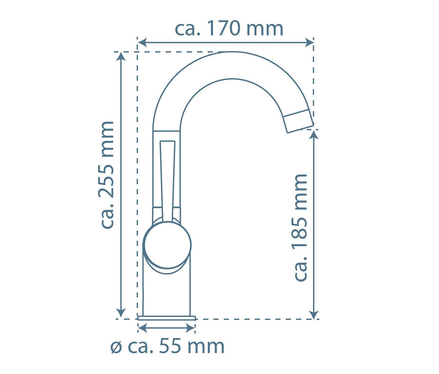 Technische Zeichnung einer chromfarbenen Cornwall Waschtischarmatur mit Maßangaben.