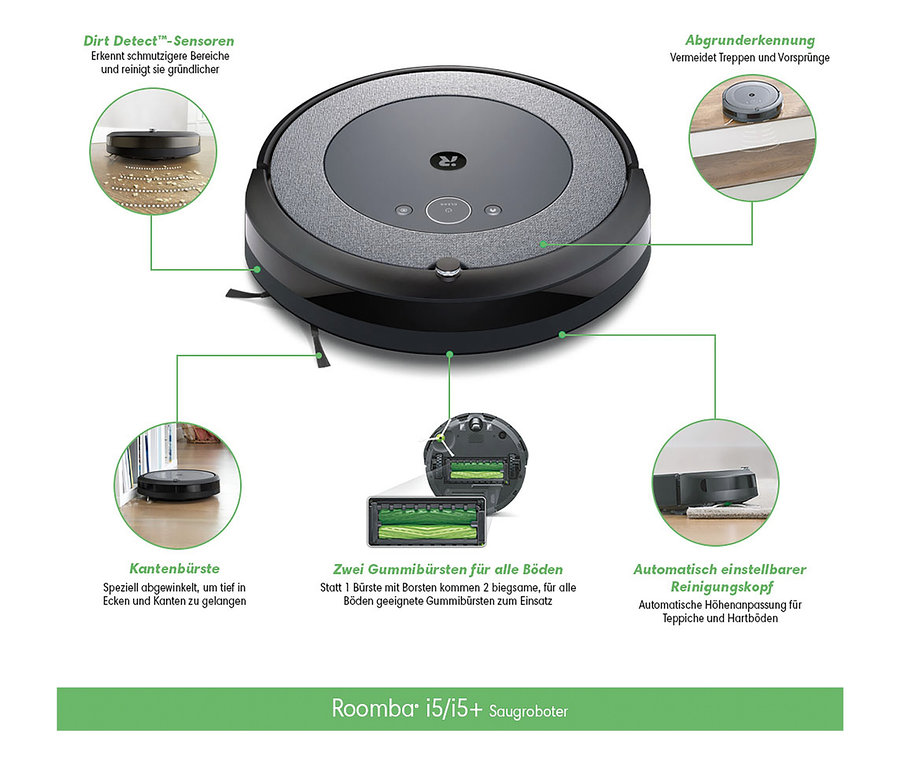 Detaildarstellung des iRobot Roomba i5+ Saugroboters.