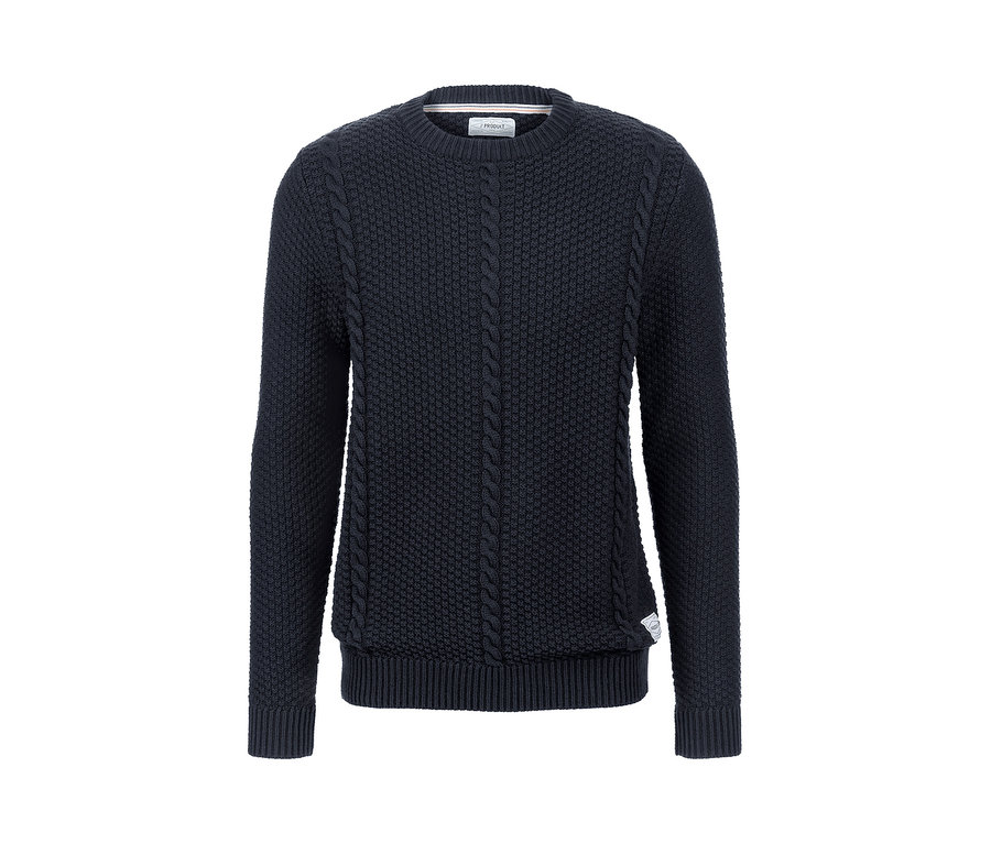 Dunkelblauer Strickpullover.
