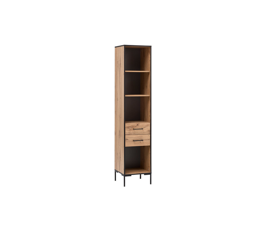 Ein hoher, schmaler Schrank mit Holzstruktur, schwarzem Rahmen, zwei Schubladen und offenen Regalen.