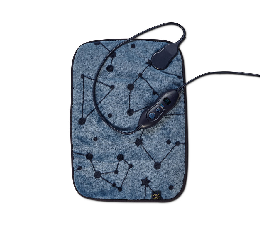 Blaues Heizkissen, klein, mit Sternbild-Muster und Bedienelement.