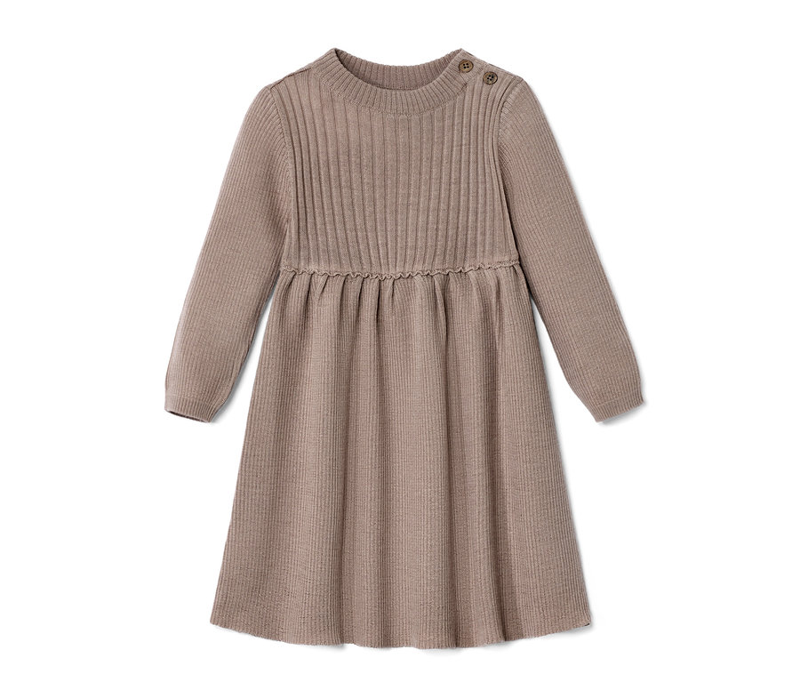 Braunes Kleinkind-Merino-Strickkleid mit langen Ärmeln und Knöpfen an der Schulter.