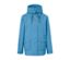 Eine blaue Allwetterjacke mit Kapuze und zwei Taschen.