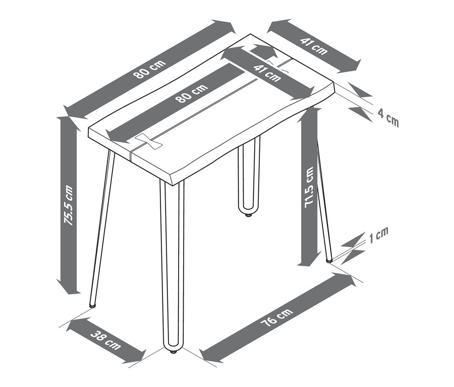 Abbildung eines Konsolentischs mit natürlichen Holzbohlen und Abmessungen.