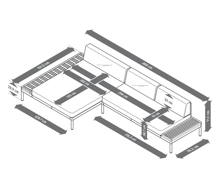Ein Schema der Premium Lounge-Ecke »Liska« mit höhenverstellbarem Couchtisch zeigt die Abmessungen.