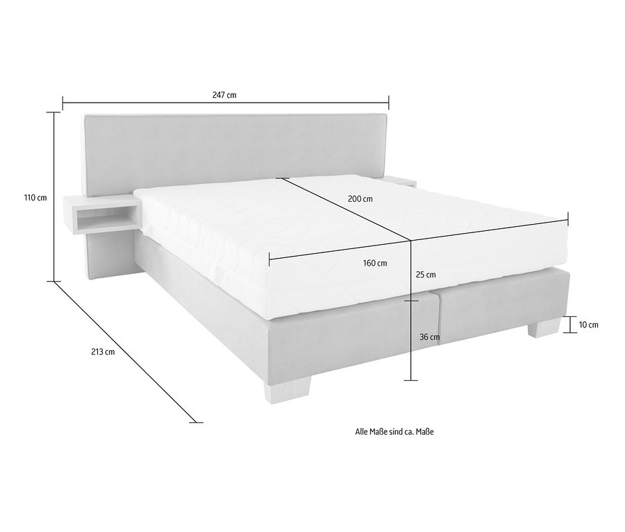 Maße des grauen Boxspringbetts "DAVINA" werden mit Linien und Zahlen dargestellt.