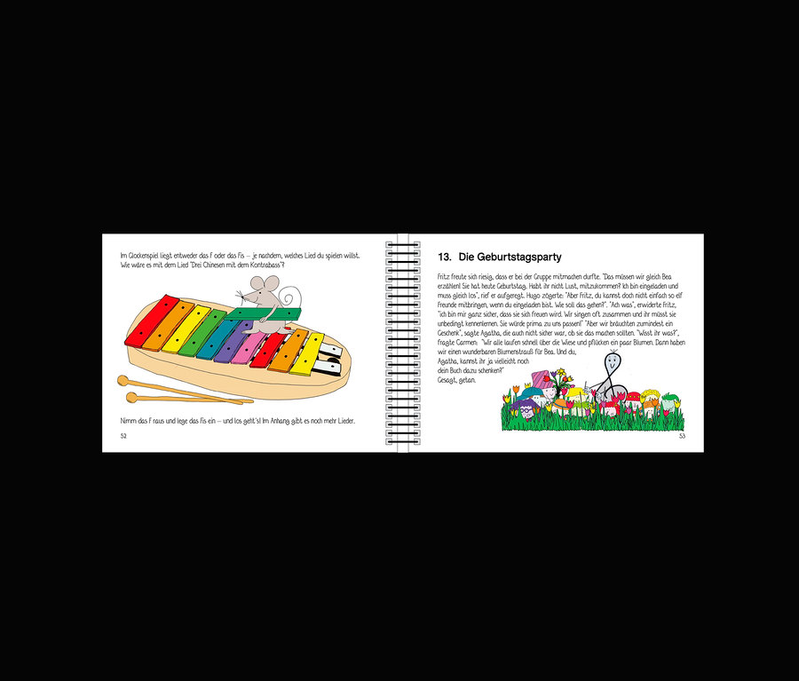 Illustration eines offenen Buches mit einer Maus, die ein Voggenreiter Großes Glockenspiel mit Buch spielt, und Text.