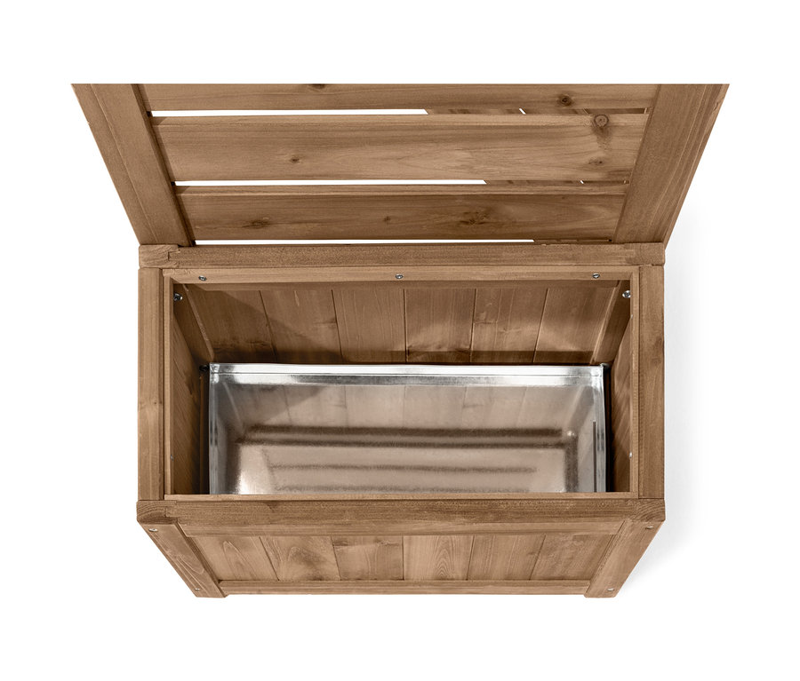 Geöffneter flexibler Paravent »Tinus« mit Pflanzkästen aus braunem Holz und Metalleinsatz.