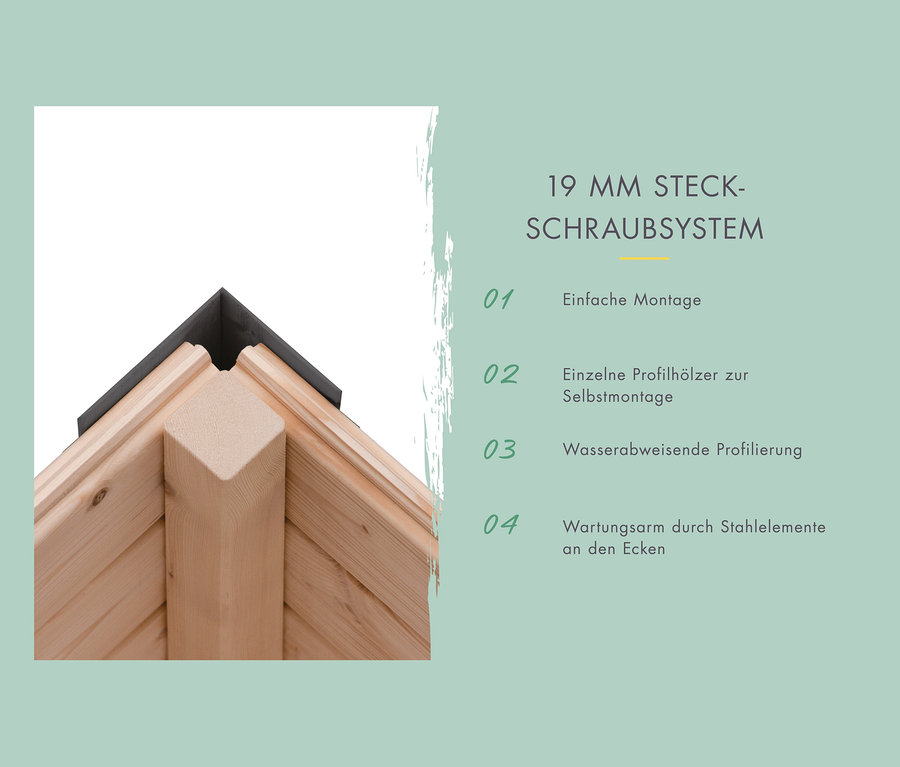 Detail einer Ecke eines Karibu Gerätehauses mit dem 19mm Steck-Schraubsystem.