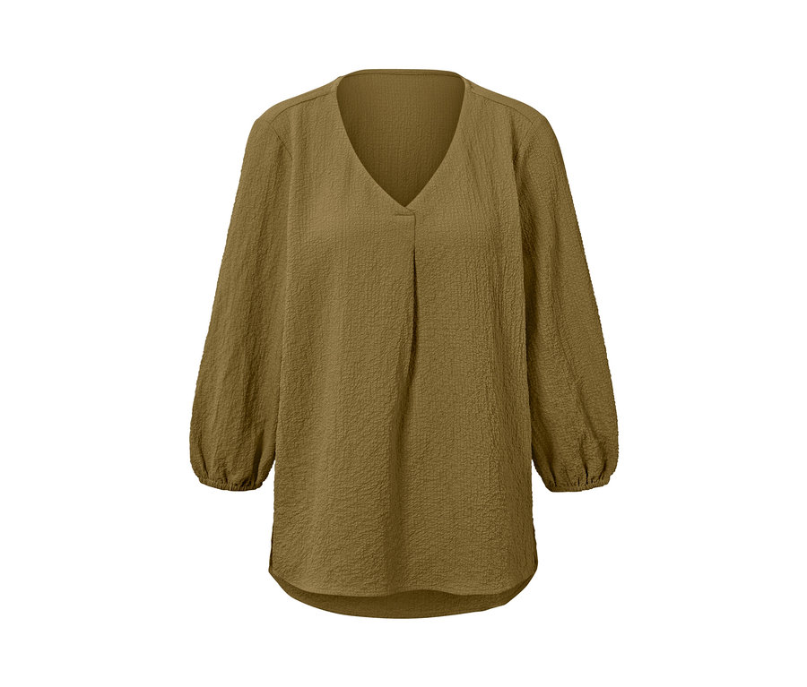 Eine braune Tunika-Bluse mit langen Ärmeln und V-Ausschnitt.
