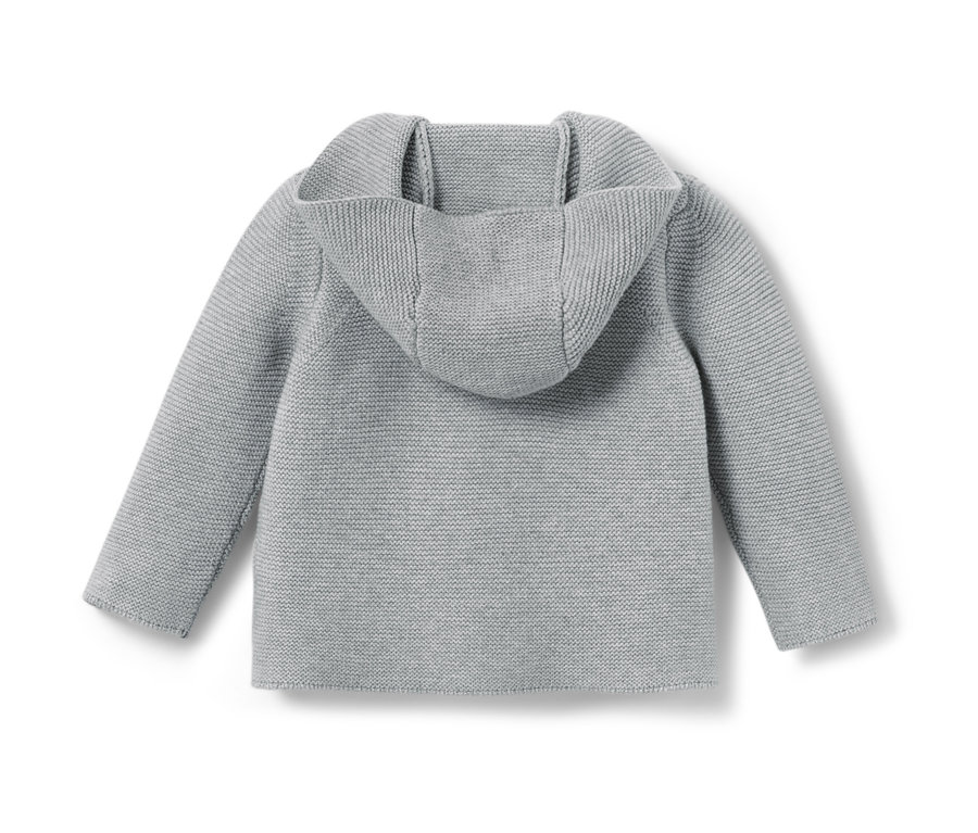 Rückansicht einer Baby-Strickjacke mit Kapuze und Applikation.