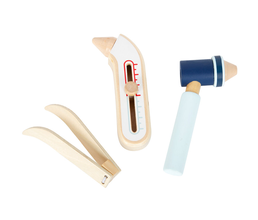 Spielzeugdoktorkoffer-Zubehör: Pinzette, Thermometer und neurologischer Hammer.