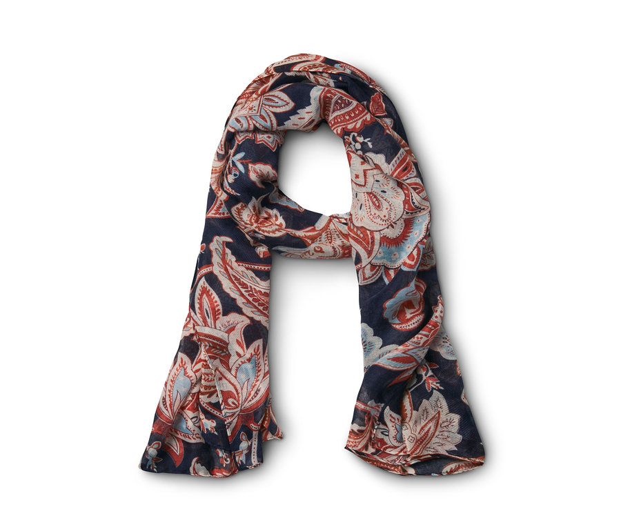 Blauer Webschal mit rotem und weißem Blumenmuster.