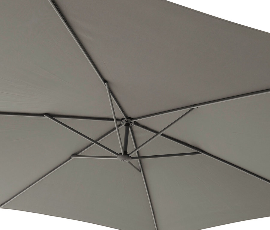 Detailaufnahme eines anthrazitfarbenen Leco-Sonnenschirms mit ca. 300 cm Durchmesser von unten, der seine Konstruktion zeigt.