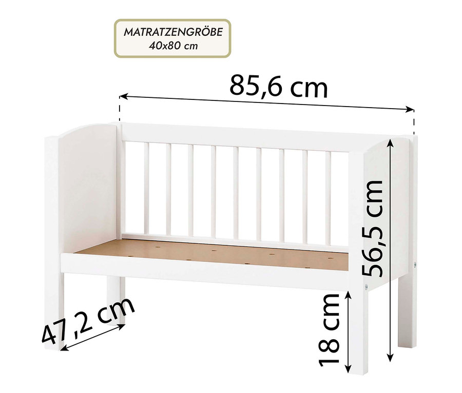 Abmessungen der weißen Hoppekids Babywiege, ca. 40 x 80 cm.