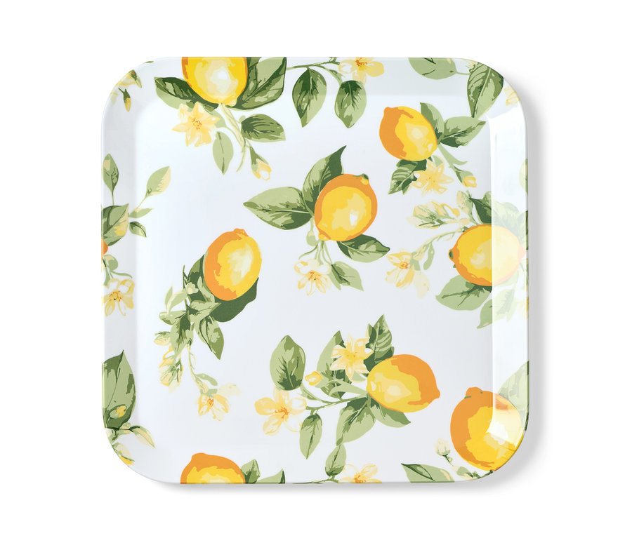 Weißes Tablett mit Zitronen- und Blumenmuster.