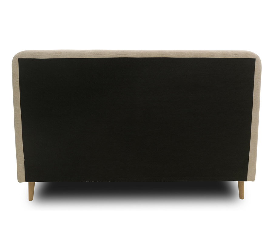 Rückansicht eines beigen Bettes mit schwarzem Kopfteil und Holzfüßen. DOMO collection Boxspringbett mit festem Kopfteil, ca. 180 x 200 cm, inkl. Topper