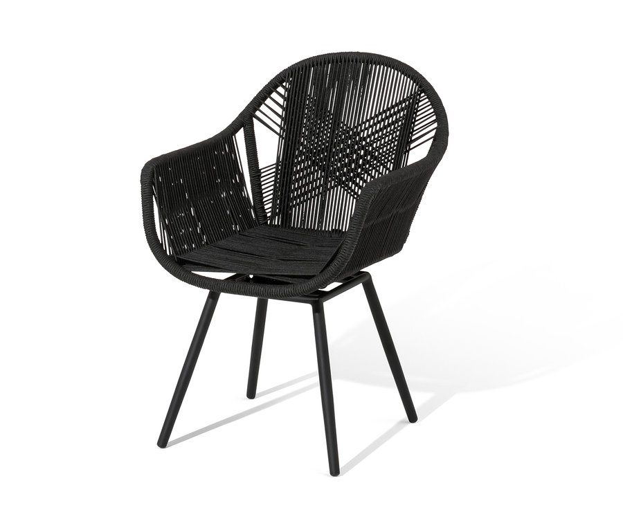 Ein drehbarer Dining-Sessel mit Textilgeflecht in Schwarz.