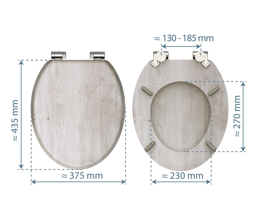 Zwei Ansichten eines MDF WC-Sitzes in hellem Holz mit hervorgehobenen Abmessungen.