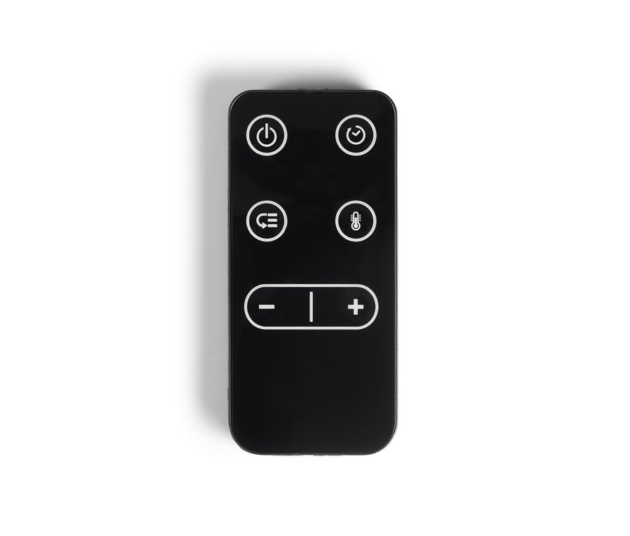 Schwarze Fernbedienung mit weißen Symbolen auf weißem Hintergrund. Auf der Fernbedienung sind mehrere Knöpfe abgebildet, darunter ein Ein/Aus-Knopf, ein Timer, eine Temperaturregelung und Tasten zum Erhöhen oder Verringern der Einstellungen. Geeignet für EASYmaxx Glaspanel-Heizkonvektor.