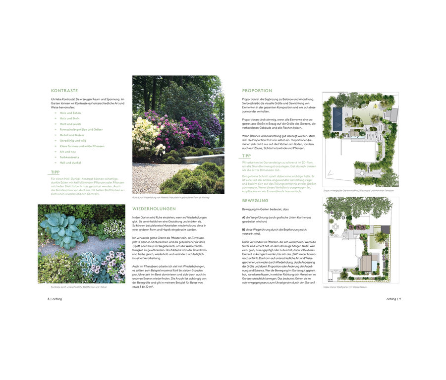 Ein Garten mit verschiedenen Kontrasten, Wiederholungen und Proportionen, wie im Text beschrieben. Im Vordergrund liegt das Buch »Der A bis Z Gartencoach«.
