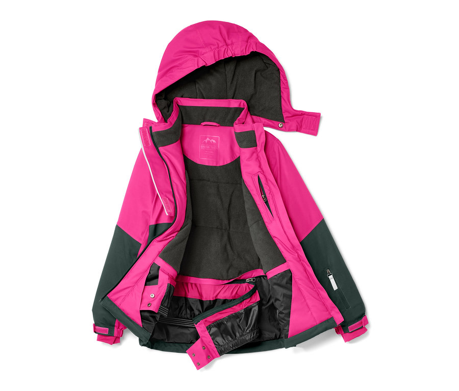 Geöffnete Kinder-Skijacke in Pink und Grün mit Kapuze und grauem Futter.