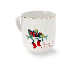 Nahaufnahme eines Jumbobechers mit Glanzgolddekor und Weihnachtsmotiv.