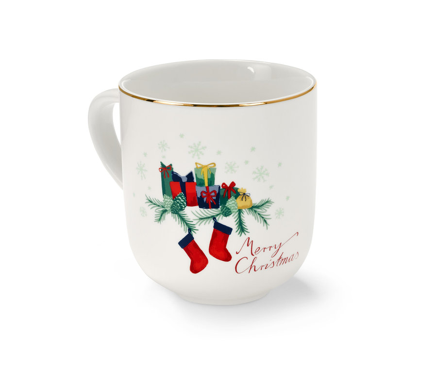 Nahaufnahme eines Jumbobechers mit Glanzgolddekor und Weihnachtsmotiv.