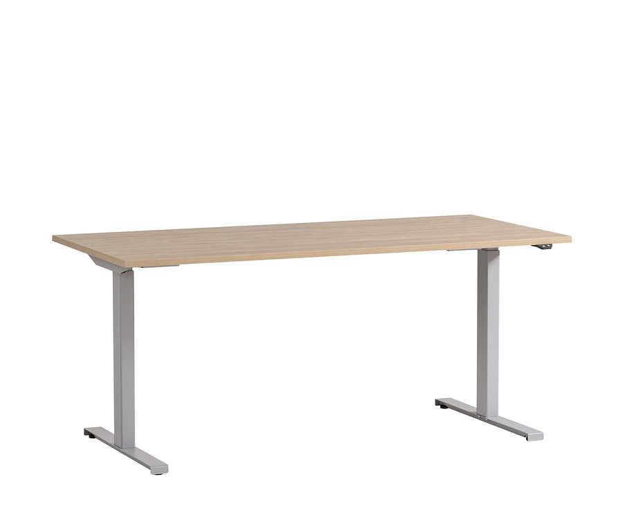 Elektrischer Schreibtisch »Antero« mit heller Holzplatte und grauen Beinen.