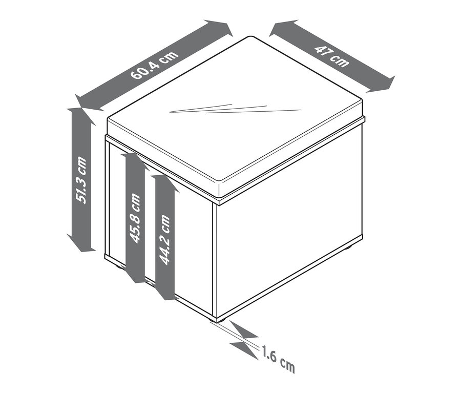 Eine Illustration einer Truhe mit Sitzmöglichkeit und den dazugehörigen Maßen.