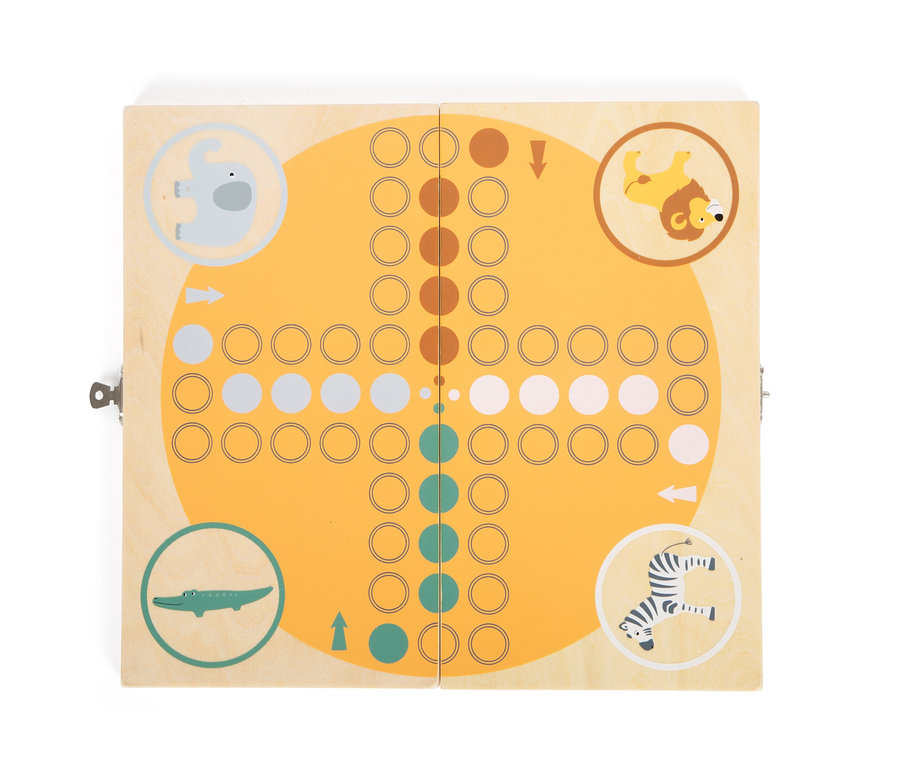 small foot Ludo »Safari« Spielbrett mit Illustrationen von Elefant, Löwe, Krokodil und Zebra.