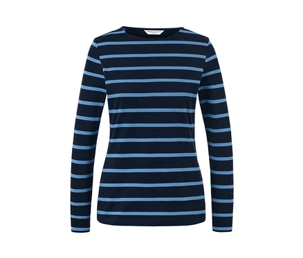 Dunkelblaues, gestreiftes Langarmshirt.