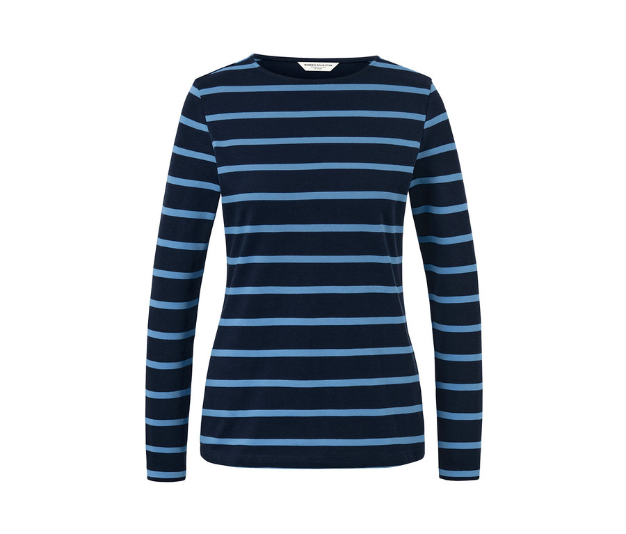 Dunkelblaues, gestreiftes Langarmshirt.