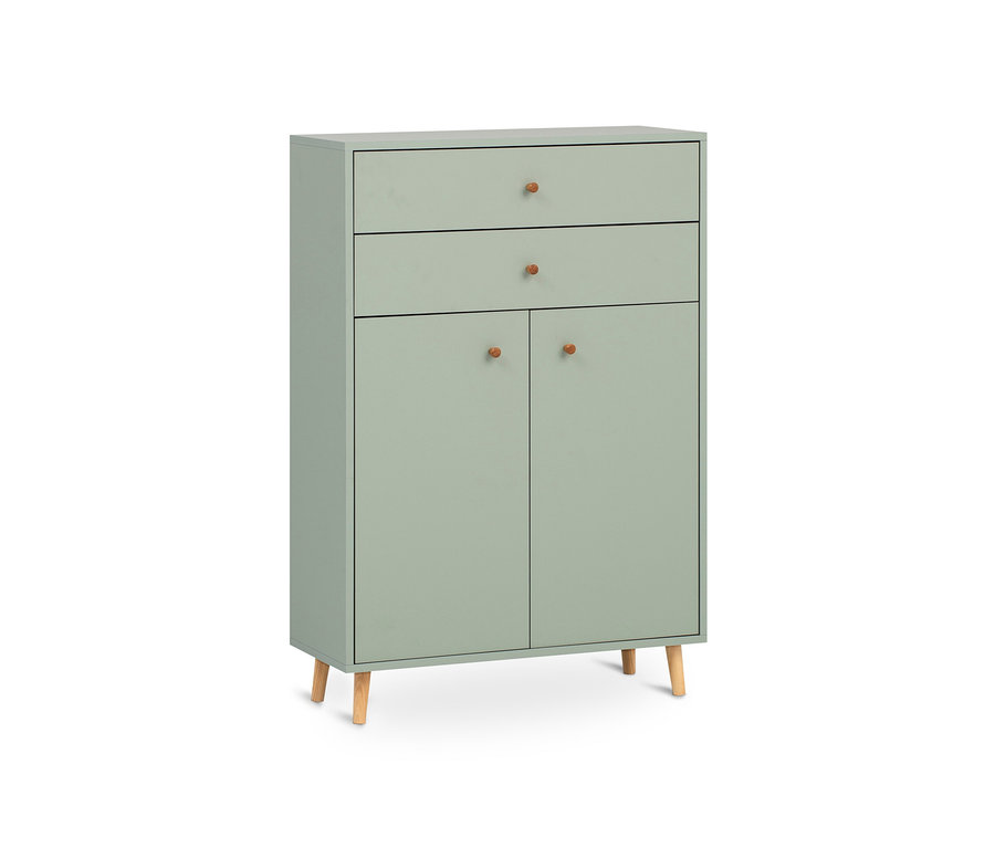 Pistazienfarbene Kommode »Bjarne« mit zwei Schubladen und Türen.
