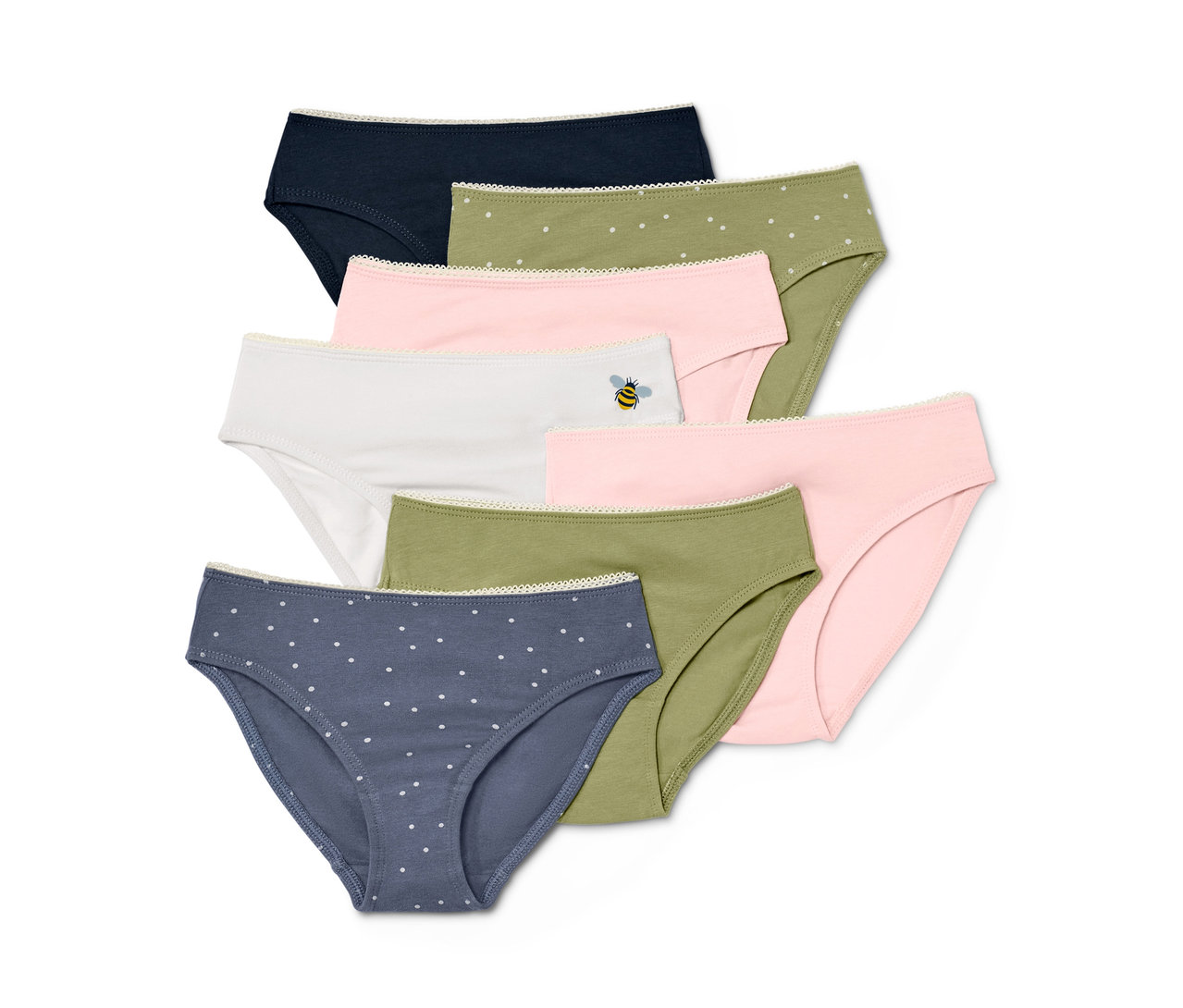 Sieben Kleinkinder-Slips in verschiedenen Farben.