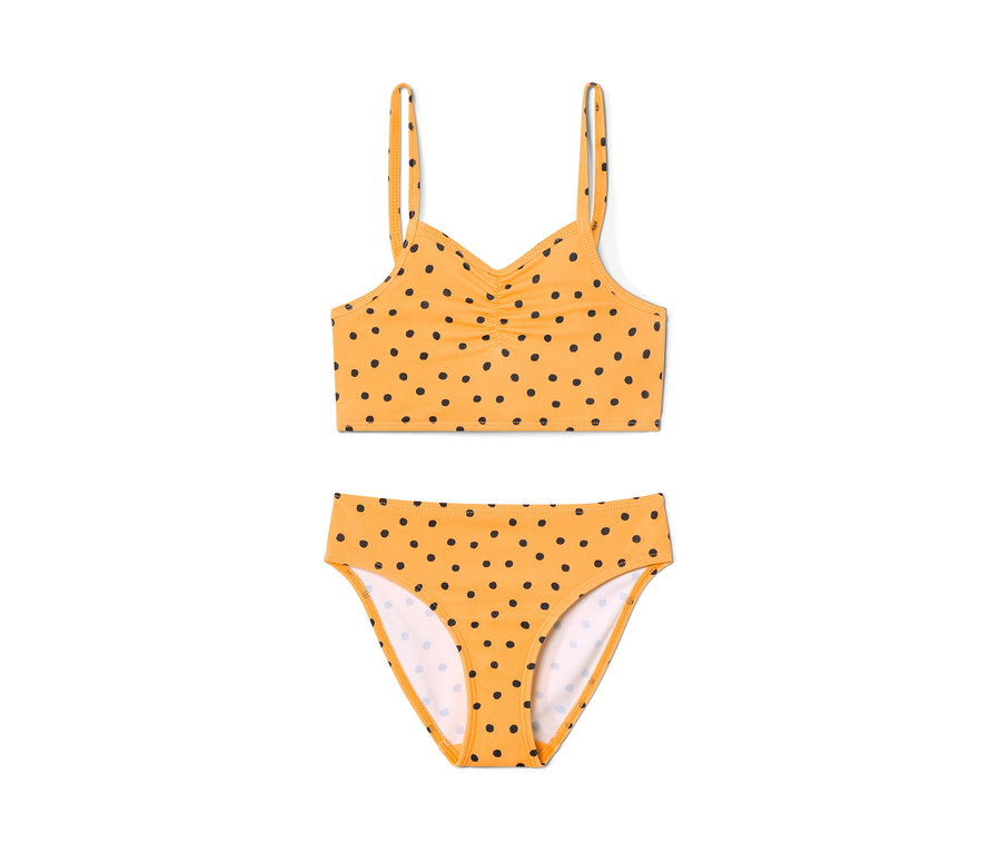 Gelbes Kleinkind-Bikini-Set mit schwarzen Punkten.