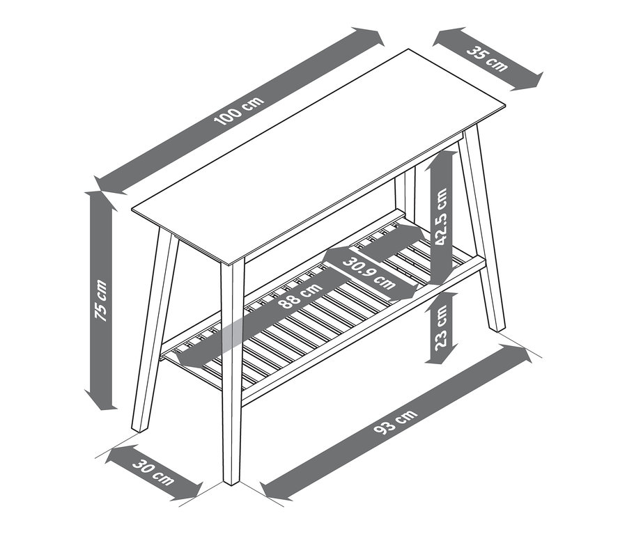 Abmessungen der Konsole mit 2 Ablagen aus Eschenholz: 75 x 100 x 35 cm.