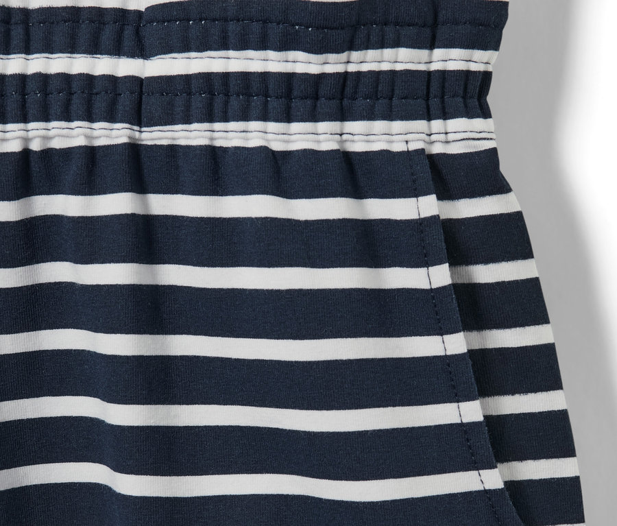 Detailansicht eines Kinder-Jerseykleids mit blau-weißen Streifen und elastischem Bund.