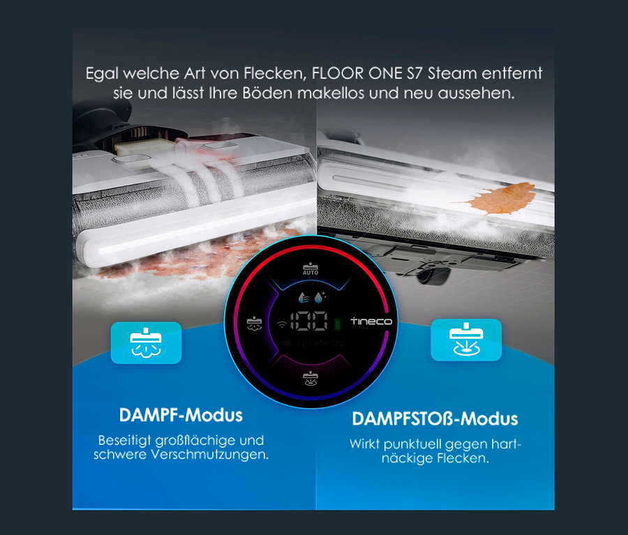 Reinigung des Bodens mit dem Tineco Floor One S7 Steam Plus im Dampfmodus.