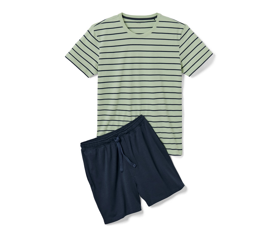 Grün-dunkelblau gestreiftes T-Shirt und dunkelblaue Shorty-Pyjama.