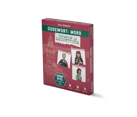 Box des Krimispiels »Codewort: Mord – gefangen im Leuchtturm« mit Illustrationen.