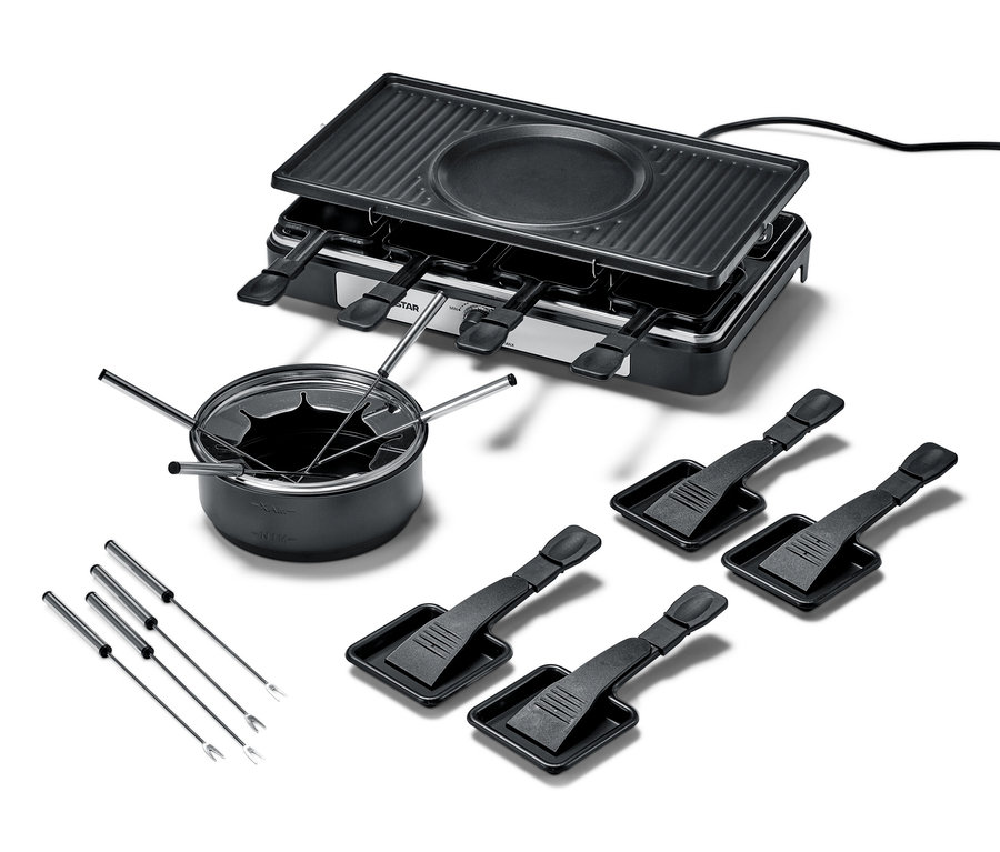 Schwarzer 2-in-1-Raclette-und-Fondue-Grill mit vier Spachteln und vier Gabeln auf weißem Hintergrund.