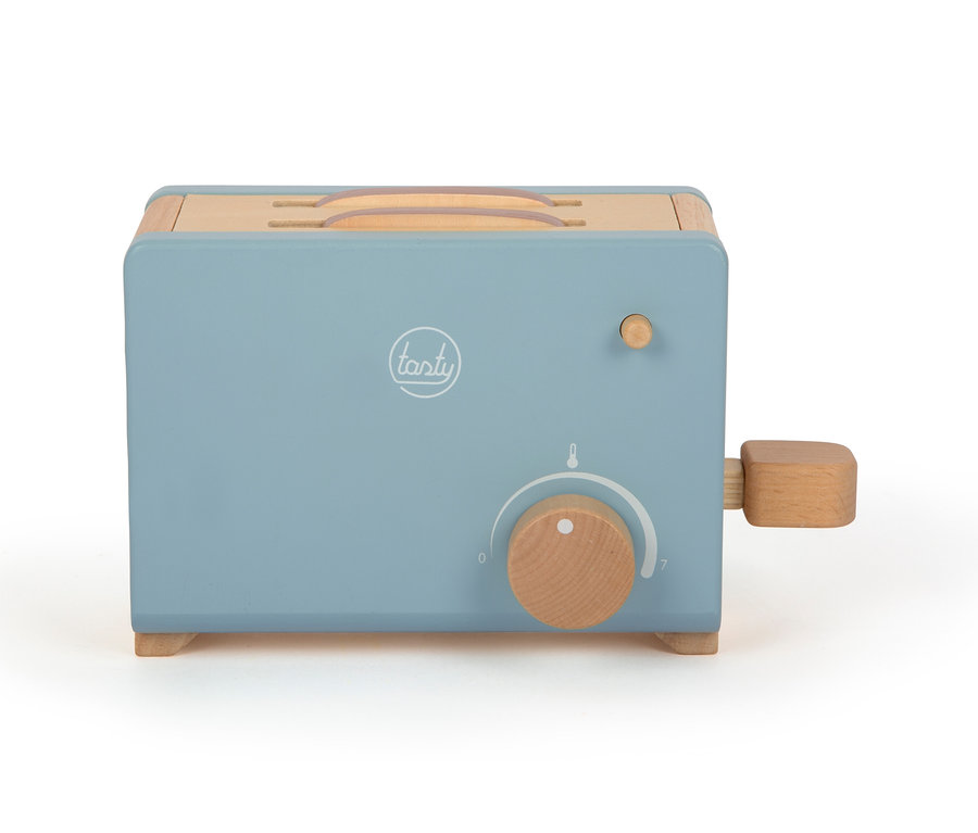 Blauer Holztoaster small foot Toaster-Set »tasty« mit Holzbedienknopf vor weißem Hintergrund.